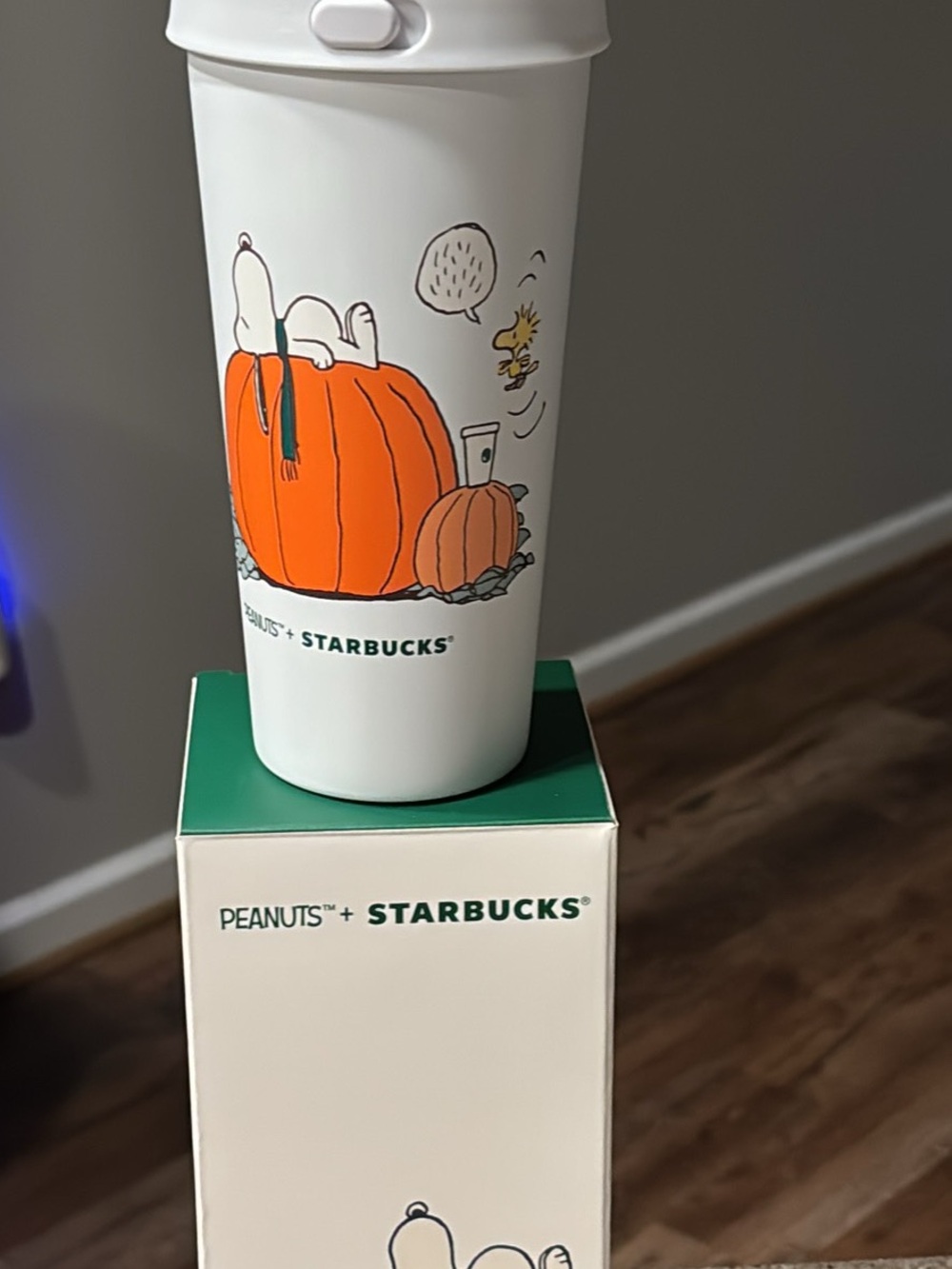 Starbucks Peanuts White Tumbler with Orange Pumpkin Artwork